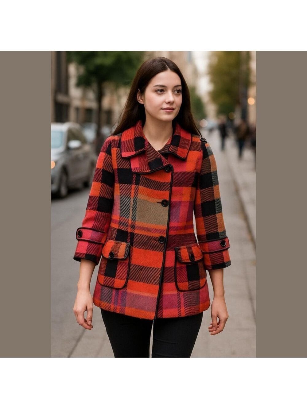Vintage Plaid Pea Coat Gray Orange and Red Dress Coat 90s cottagecore
